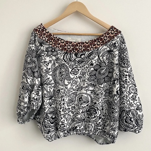 By Anthropologie French Terry Floral Batik Dolman Bubble Blouse Top - Picture 8 of 16